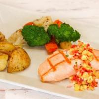 Salmon · 9oz. Skuna Bay Salmon with fire roasted pineapple salsa, choice of potato and daily vegetable