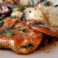 Chicken Alla Marsalla · Thinly sliced chicken in a sweet and savory marsala wine sauce, sauted mushrooms and articho...