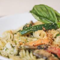 Fusilli Contadina · fusilli, sauteed mixed vegetables, in a mild basil and garlic sauce, topped with toasted par...