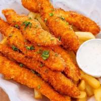 Chicken Tenders · Chicken breast strips dipped in Japanese bread crumbs, fried to a golden crisp w/ ranch dres...