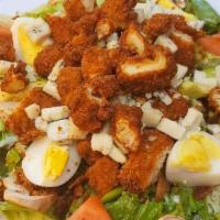 Chicken Cobb Salad · Fried chicken tenders in Japanese breadcrumbs, bacon, croutons, egg, tomatoes, mushrooms, ro...
