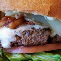 7 Mile Burger · 1/2 pound ground Angus beef with bacon, lettuce, tomatoes, mayo, sautéed onions, pickles in ...
