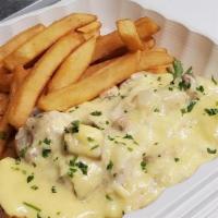 Hot Crab Sandwich · Fresh Dungeness crab sautéed with onions and mushrooms served with open faced topped w/ morn...