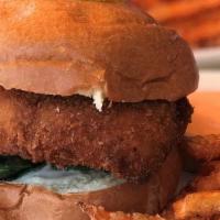 Sole Fish Sandwich · Encrusted in Japanese breadcrumbs with tartar sauce, lettuce, tomato in a brioche bun with f...