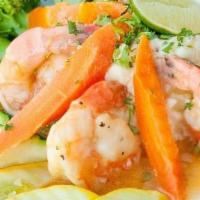 Shirley's Scampi · Mouth-watering, large prawns in garlic sauce w/ garlic mashed potatoes and steamed veggies. ...