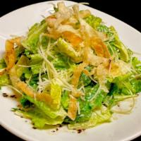 Kale & Baby Romaine ‘Miso Caesar’ · crispy gyoza chips, tamari oil