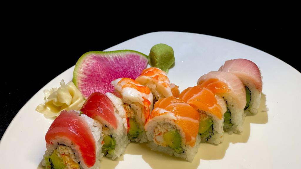 Rainbow · california roll topped with maguro, hamachi, salmon, ebi