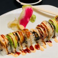 Fire Dragon · shrimp tempura, avocado, unagi, spicy sauce