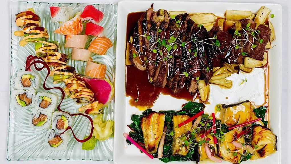 Kazuo Omakase · rainbow, fire dragon, & Alaskan rolls / gindara, marinated black cod with rainbow chard, pickled ginger shoots / angus beef ribeye, erinji mushrooms; red wine reduction