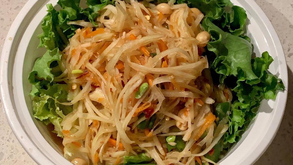 19. Papaya Salad · Shredded green papaya and tomatoes with spicy lime dressing. Served with fresh cabbage.