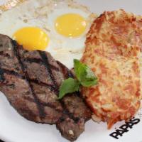 Steak & Eggs · Steak and eggs any style served with toast, hash browns, or roasted potatoes! You choose!