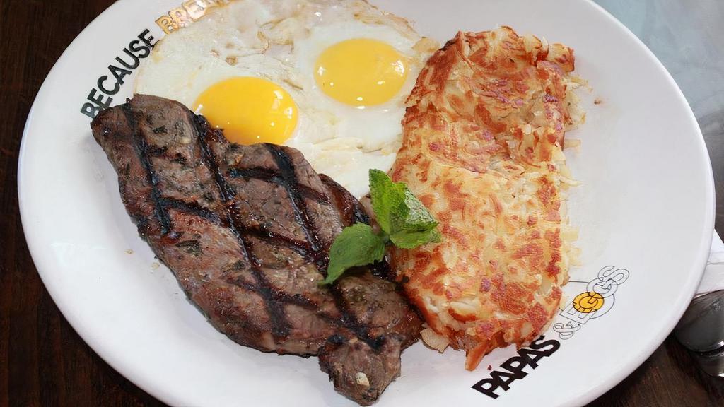 Steak & Eggs · Steak and eggs any style served with toast, hash browns, or roasted potatoes! You choose!