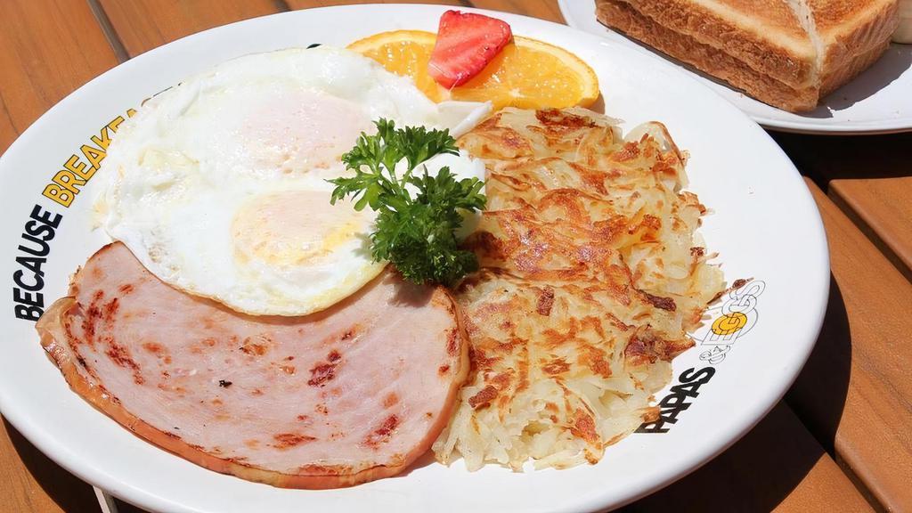 Ham & Eggs · Ham, two eggs any style, and potatoes.