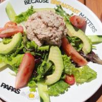 Tuna Avocado Salad · Fresh mixed greens, avocado, tuna, Roma tomatoes, cucumbers, and our special house dressing.