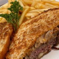 Patty Melt Burger · Grilled onions, cheese on a rye bread bun.