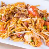 Mee Goreng · Yellow noodles with prawns, eggs and mixed vegetables stir-fried in spicy tomato paste sauce.