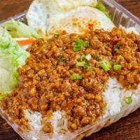 炸酱盒饭Meat Sauce Over Rice Bento · Soy glazed minced meat sauce over rice, salad, fried egg.