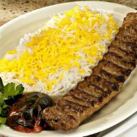 Beef Shish Plate · Charbroiled grilled skewered cubes meat or veggie served with rice, house salad, hummus, pit...