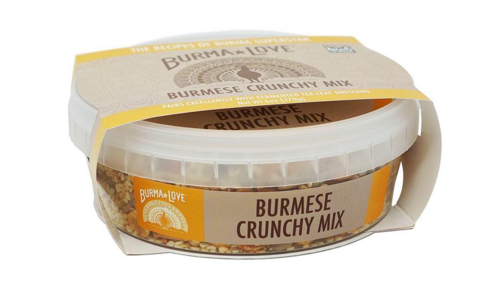 Burmese Crunchy Mix · Our Burmese Crunchy Mix is a medley of roasted peanuts, garlic chips, chickpeas, sunflower seeds and sesame seeds
that can be used to top salads made with our range of Fermented Tea Leaf Dressings, or any dish requiring a nutty,
rich garnish.