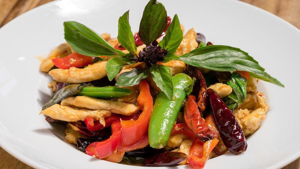 Chicken with Fresh Basil · Wok tossed chicken with red bell pepper, snow peas, thai basil, lemongrass and chilis.