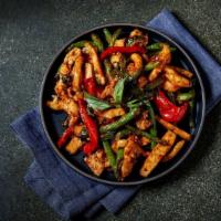 Fiery Chicken with Braised Tofu · Chicken breast cooked with hodo organic tofu, string beans, red bell peppers and basil. A li...