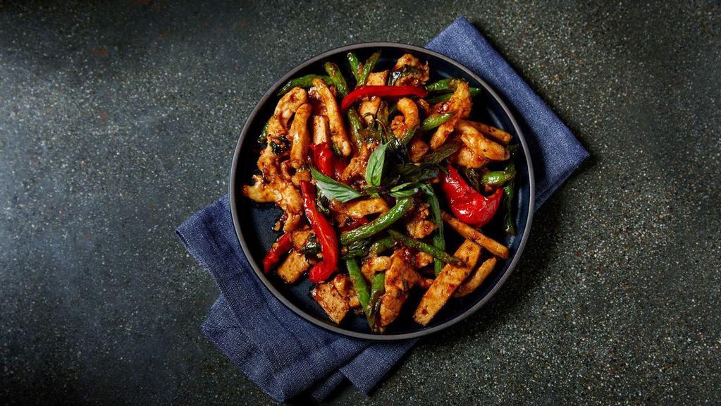 Fiery Chicken with Braised Tofu · Chicken breast cooked with hodo organic tofu, string beans, red bell peppers and basil. A little spicy and a little sweet.