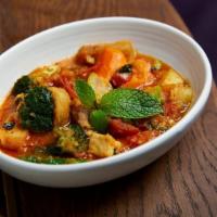 Mixed Vegetable Curry · Vegan, gluten-free. Red curry with hodo soy organic tofu, tomatoes, eggplant, potato, carrot...