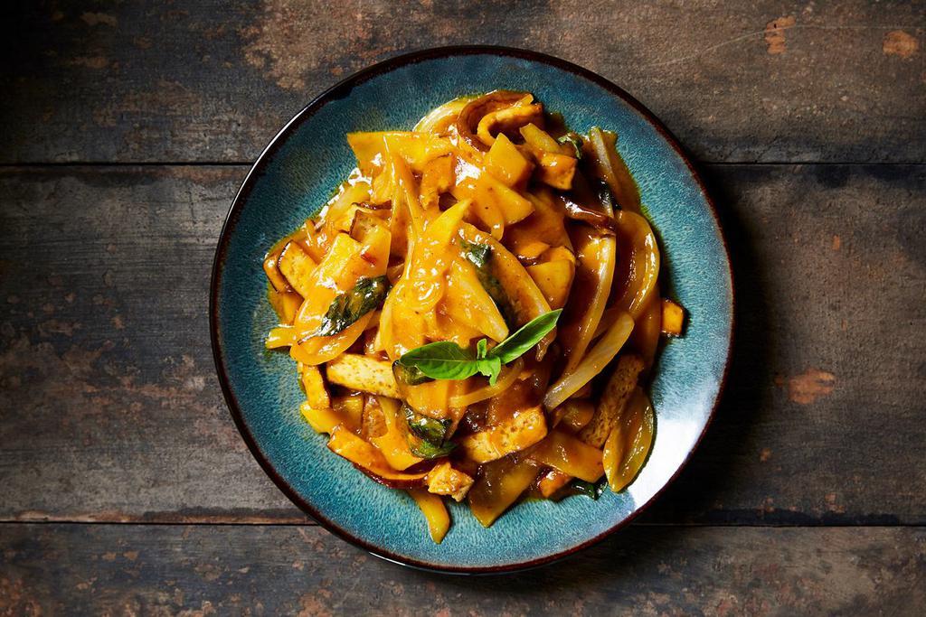 Mango Tofu · Gluten-free. Wok tossed hodo foods organic tofu cooked with mangoes, onions, oyster sauce, Thai basil and sichuan chilies. Served with fresh mango on the side.