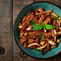 Chili Meat · Glten free. Strips of beef or lamb wok-tossed with dried and fresh chili, onions and basil. ...