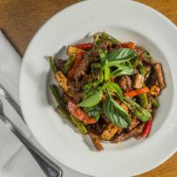 Fiery Meat with Braised Tofu · Wok tossed beef, lamb cooked with hodo organic tofu, string beans, red bell peppers and basi...