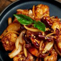 Superstar Shrimp · Wok tossed shrimp cooked with onions and a sweet soy, chili and garlic sauce.