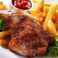 Pollo con Papas · A delightful entrée of seasoned Chicken with potatoes, served with a side of refried beans, ...