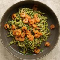 Shrimp Pesto Zoodle · Zucchini spaghetti with homemade pesto sauce, spicy shrimp and Parmesan. Gluten free.