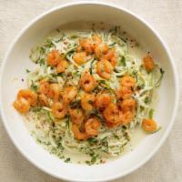 Shrimp Alfredo Zoodle · Zucchini spaghetti with homemade alfredo sauce, spicy shrimp and Parmesan. Gluten free.