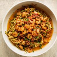 Shrimp Marinara Zoodle · Zucchini spaghetti with homemade tomato sauce, spicy shrimp and Parmesan. Gluten free.