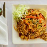 Spicy Noodle* · Spicy, Gluten-Free.  Rice noodles with red bell peppers, mushrooms, bean sprouts, onions, pe...