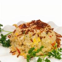 House Fried Rice · Spicy, gluten-free. Stir-fried jasmine rice with garlic, egg, diced green bean, onions, gree...