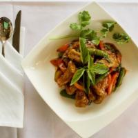 MayLiKa's Lemongrass · Wok stir fried with lemongrass, snap peas, garlic, soy sauce, red bell pepper, finished with...