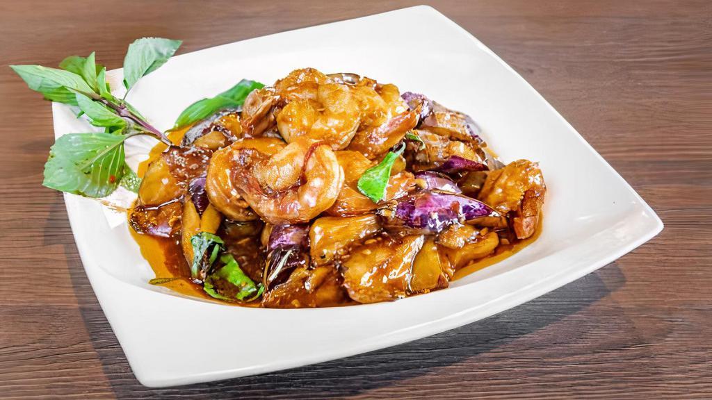 Shrimp Eggplant · Spicy. Wok stir-fried eggplant and shrimp with soy sauce, garlic and ginger.