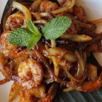 Maylika's Shrimp · Spicy. Wok stir-fried shrimp with onions, jalapenos and special house sauce.