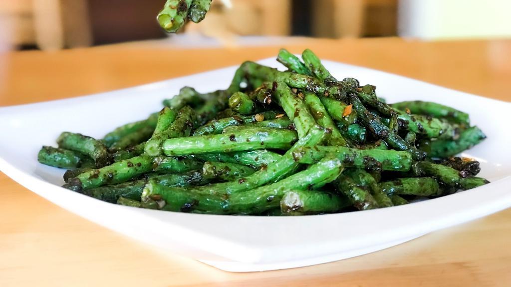 String Beans* · Vegetarian, Vegan. Stir-fried string beans with garlic and ginger with house sweet chili sauce