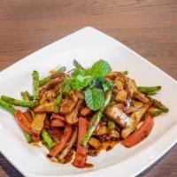 Fiery Tofu · Wok stir fried with tofu, red bell peppers, garlic, chili, ginger, string beans and soy sauce.