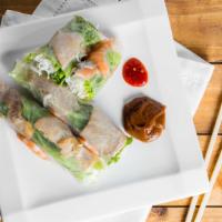 3.. Goi Cuon Tom (2 Rolls) · Fresh Shrimp Rolls (NO PORK) served w/ Peanut Sauce (2 Rolls)