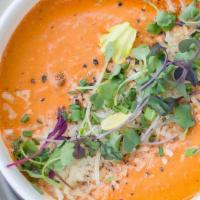 french tomato bisque · Cream of tomato, garlic, thyme, herbs, onion, bay leaf, white pepper, sea salt, finished wit...