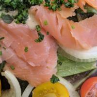 salmon miso salad · gluten free 
norwegian smoked salmon, red onions,
organic white miso, heirloom tomatoes,
chi...