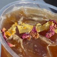 smoke & mirrors · smoked agave, rose petal simple syrup, SPRO,
edible gold dust