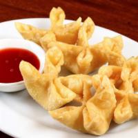 A3. Crab Rangoon (6) · Deep fried dumplings filled with cream cheese, crab meats and onions.