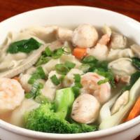 S3. Wonton Soup w/ Pork, Chick, or Beef · Serves 2-3 persons. With fresh mushrooms, water chestnut, bok choy, and green onions.