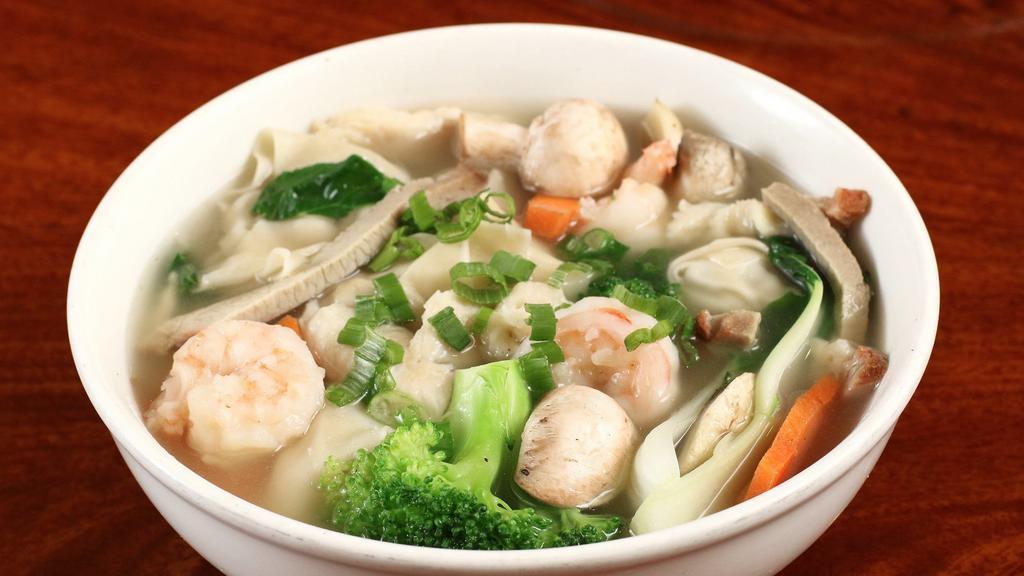 S3. Wonton Soup w/ Pork, Chick, or Beef · Serves 2-3 persons. With fresh mushrooms, water chestnut, bok choy, and green onions.