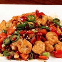 F6. Kung Pao Prawns · Hot and spicy.